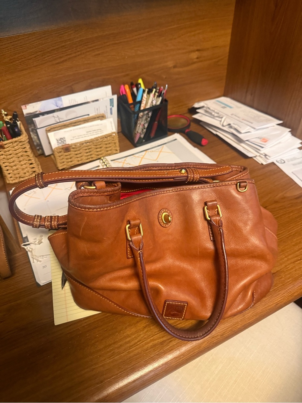 Structured Leather Shoulder Bag in Cognac Brown